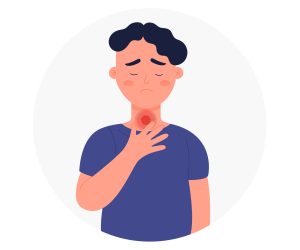 Sad boy with strong throat sore inflammation Sad boy with strong throat sore inflammation. Scratchiness or irritation during swallowing flat vector illustration