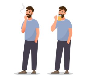 man are smoking cigarette and drink beer. man are smoking cigarette and drink beer. healthy concept, vector llustration cartoon character