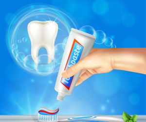 Preventive dentistry oral care realistic composition with shining tooth and hand squeezing toothpaste on toothbrush vector illustration