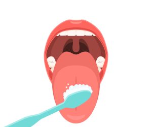 Hygiene of the tongue with a toothbrush. Clean healthy tongue, teeth. Vector illustration isolated on white background