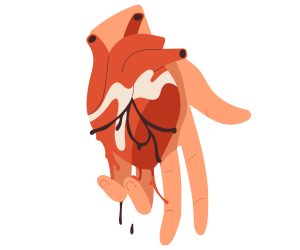 Hand holding realistic creepy heart, real organ with blood. Mystic esoteric occult concept of witchcraft, wizardry, sorcery, spooky love. Flat vector illustration isolated on white background Hand holding realistic creepy heart, real organ with blood. Mystic esoteric occult concept of witchcraft, wizardry, sorcery, spooky love. Flat vector illustration isolated on white background.